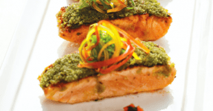 Dr. Uma's Salmon with Zucchini and Macadamia Pesto